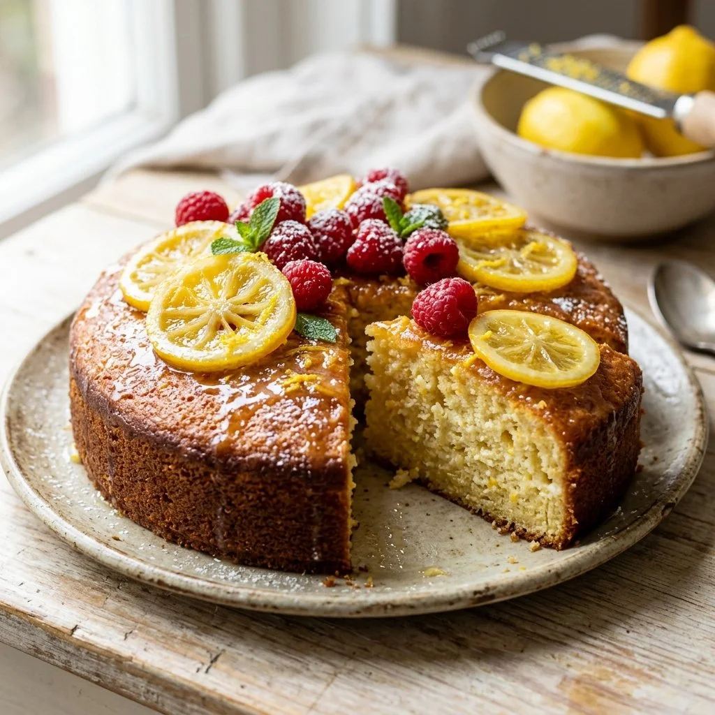Slice of Italian lemon ricotta cake topped with powdered sugar and lemon zest