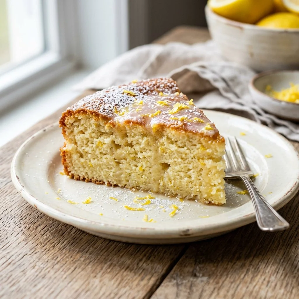 Italian lemon ricotta cake topped with fresh lemon zest and powdered sugar
