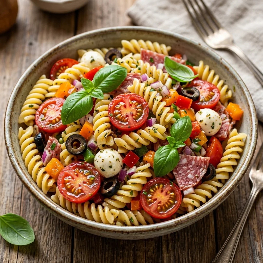 Colorful Italian Pasta Salad with fresh vegetables and herbs
