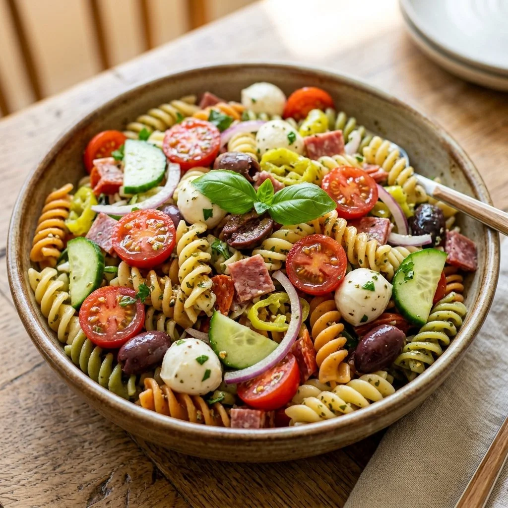 Bowl of vibrant Italian pasta salad with fresh vegetables and herbs