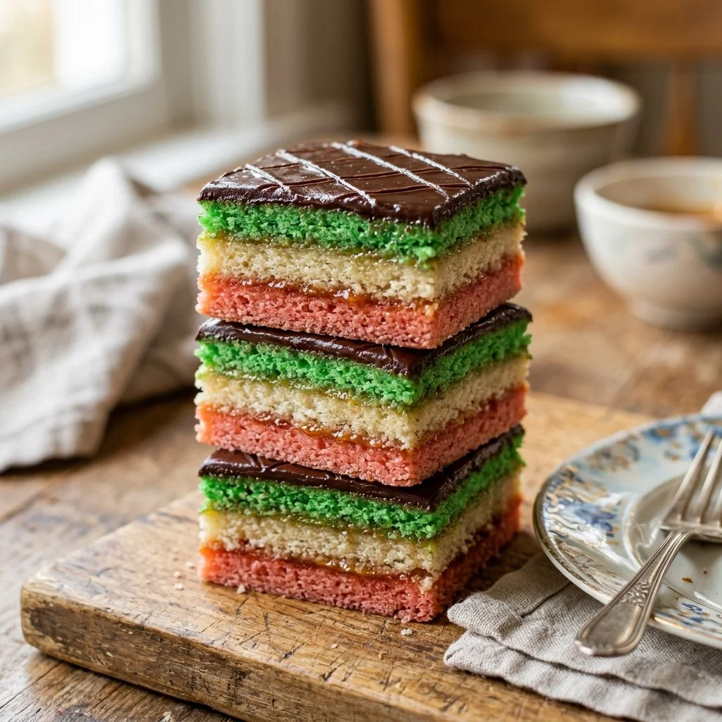A selection of vibrant Italian Rainbow Cookies stacked on a plate, showcasing their colorful layers.