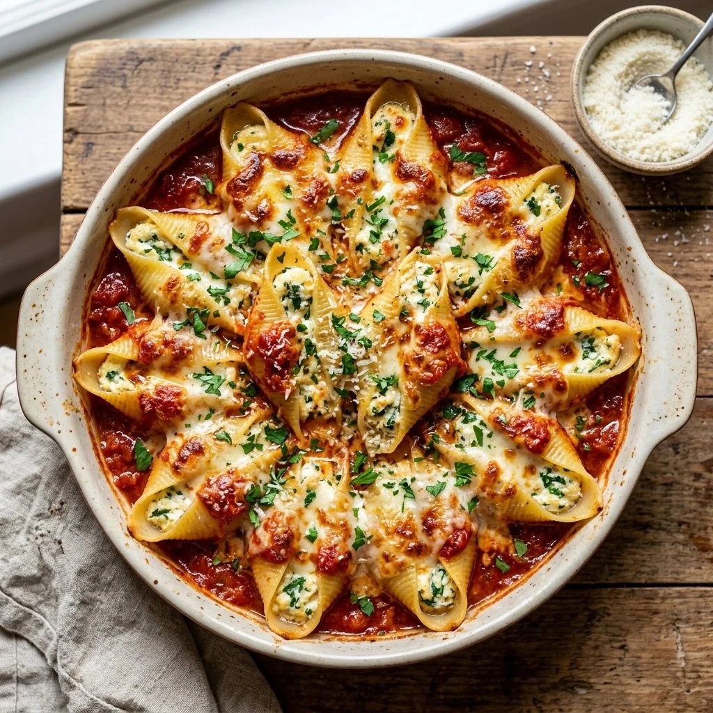 Delicious Italian stuffed shells filled with cheese and topped with marinara sauce.