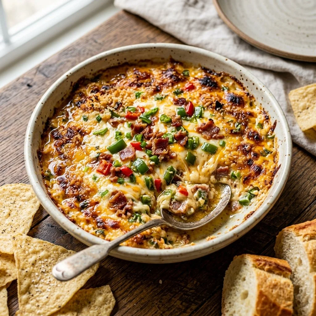Delicious Jalapeno Popper Dip served in a bowl with tortilla chips
