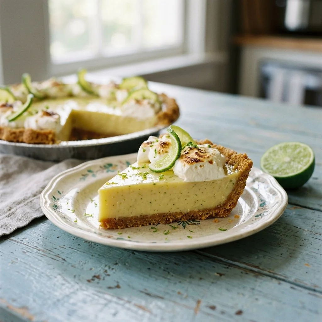 Delicious slice of key lime pie topped with whipped cream and lime zest