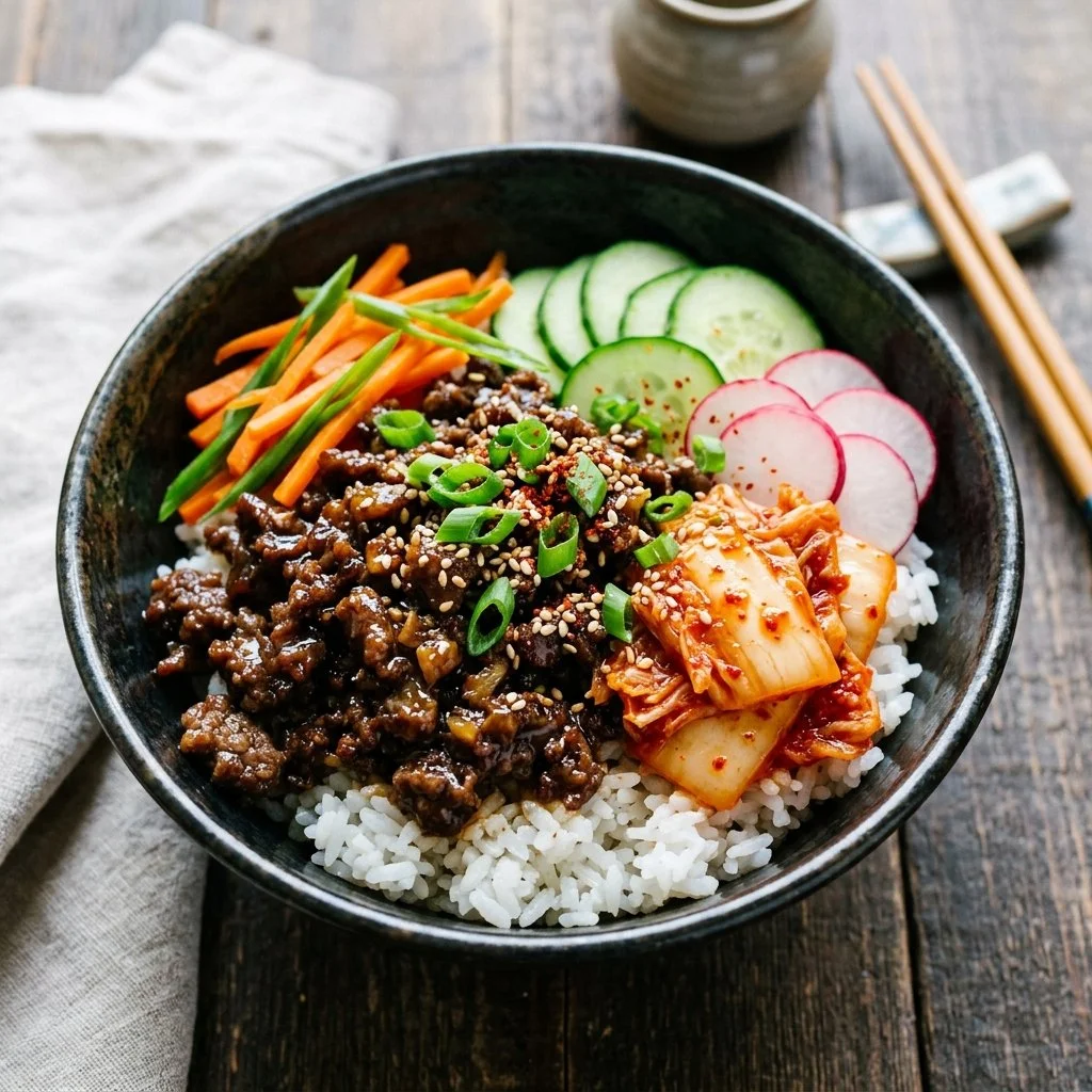 Delicious Korean Beef Bowl with vegetables and rice