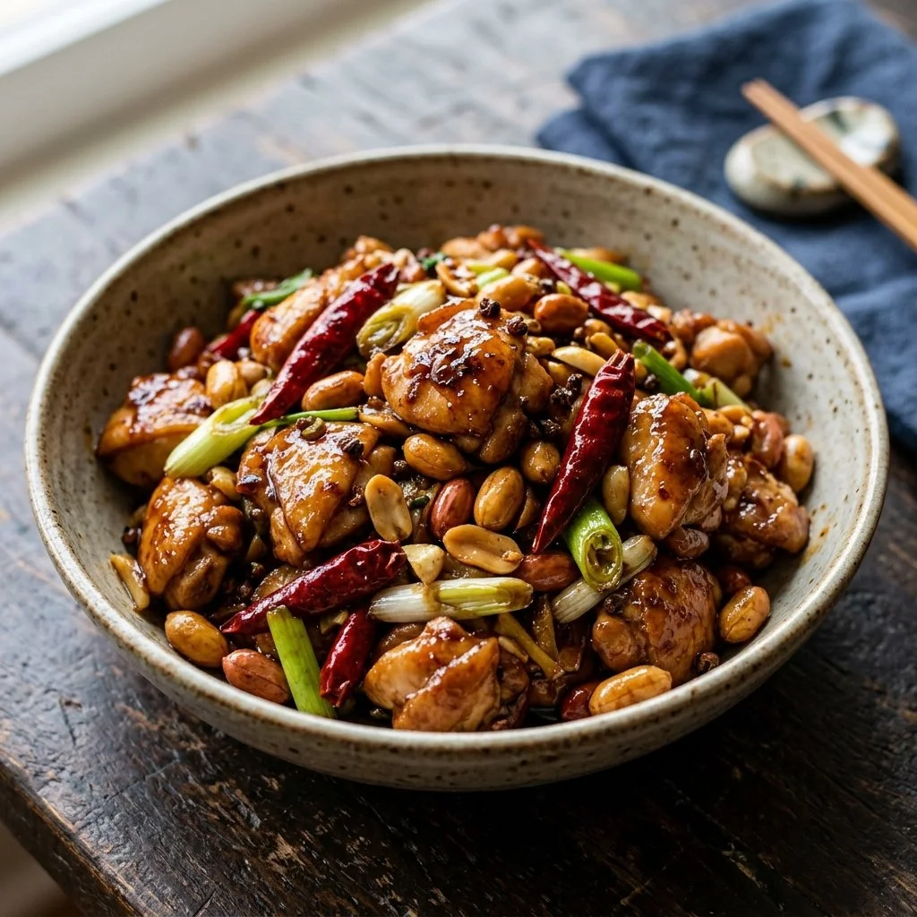 Delicious plate of Kung Pao Chicken with chicken, peanuts, and vegetables