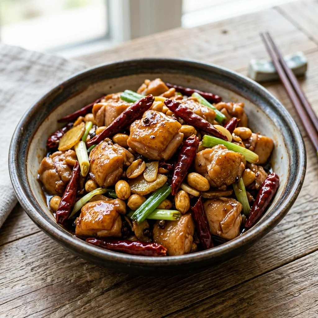 Delicious plate of Kung Pao Chicken with peanuts and veggies