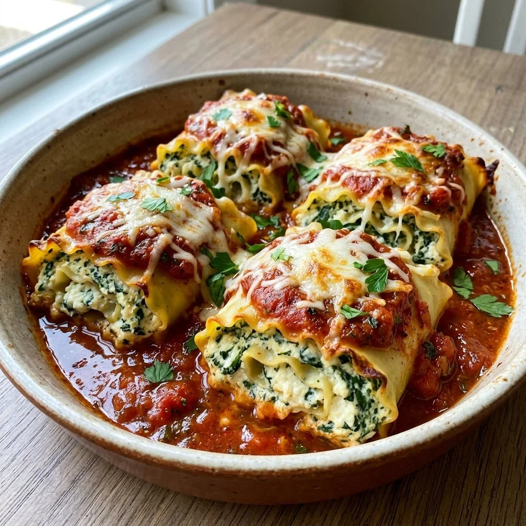 Delicious homemade lasagna roll ups with cheese and marinara sauce