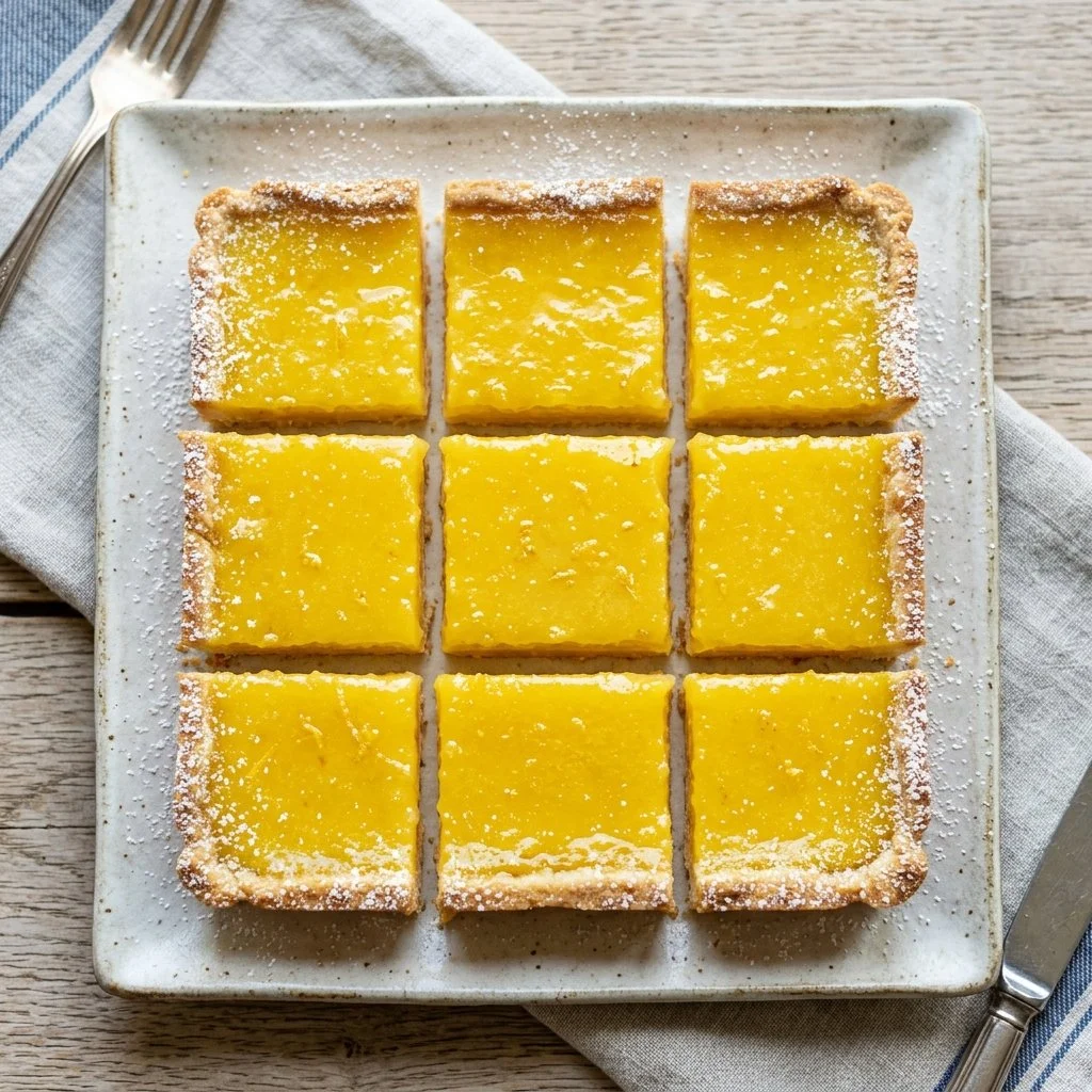 Deliciously tangy lemon bars topped with powdered sugar on a white plate.