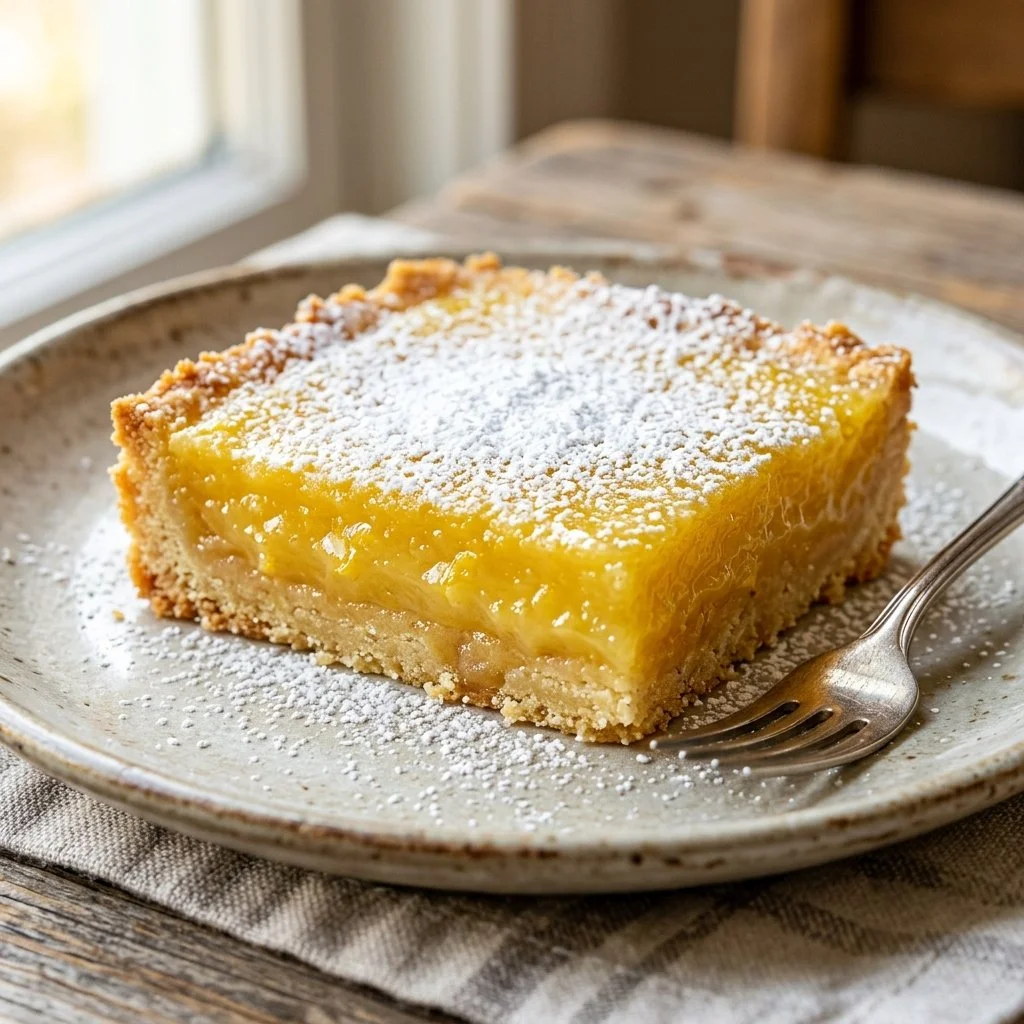 Delicious homemade lemon bars dusted with powdered sugar on a white plate.