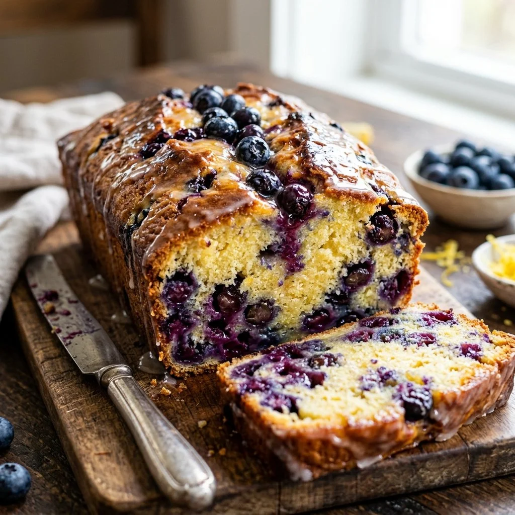 Freshly baked lemon blueberry bread with a golden crust and blueberries