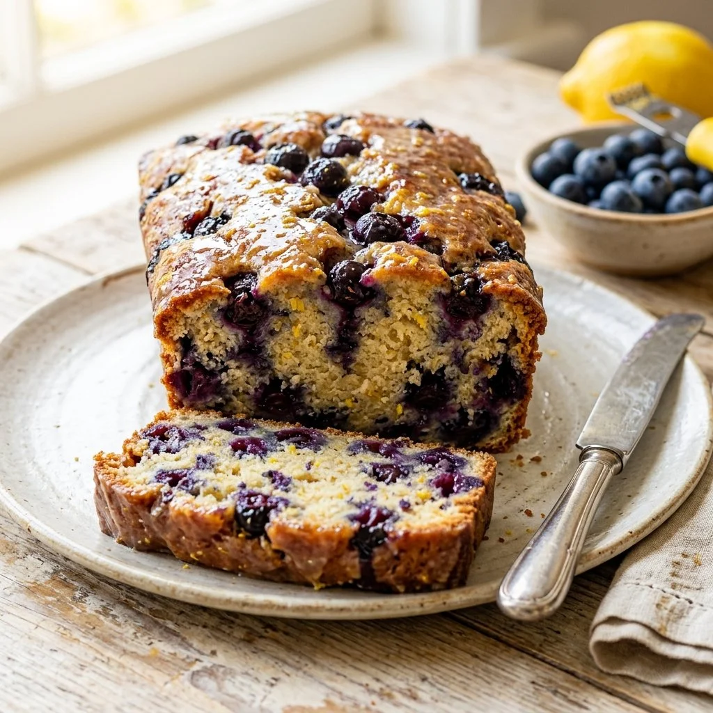 Delicious lemon blueberry bread loaf fresh out of the oven