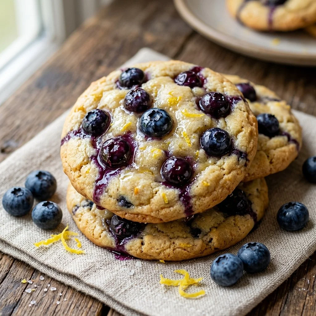 A plate of freshly baked lemon blueberry cookies with a drizzle of icing.