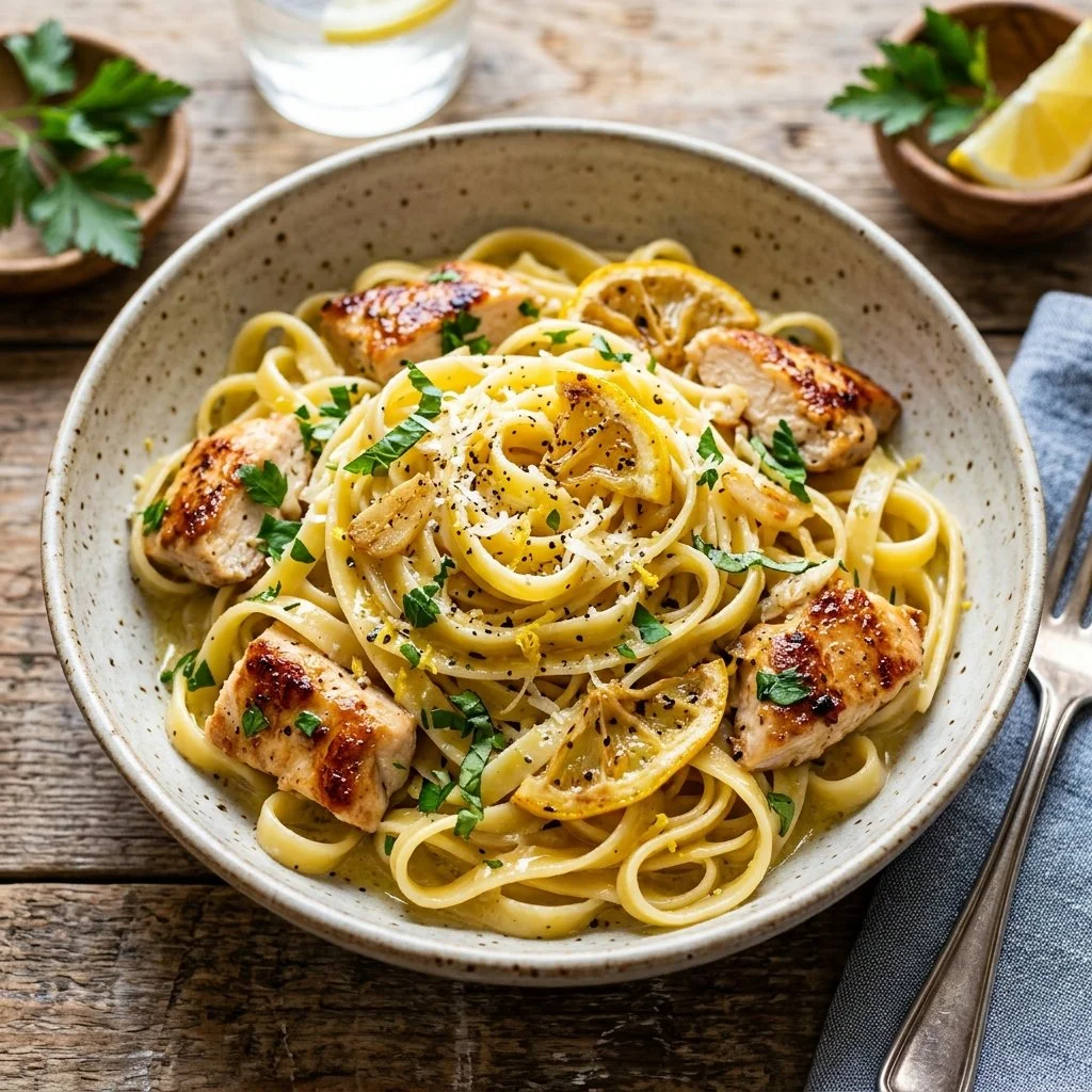 Delicious Lemon Chicken Pasta garnished with fresh herbs and lemon slices