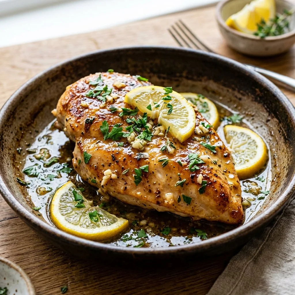 Lemon Garlic Butter Chicken served with rice and fresh herbs