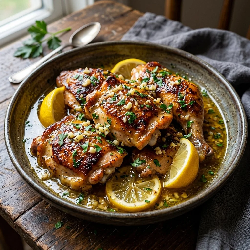 Lemon Garlic Butter Chicken served on a plate with fresh herbs and lemon slices