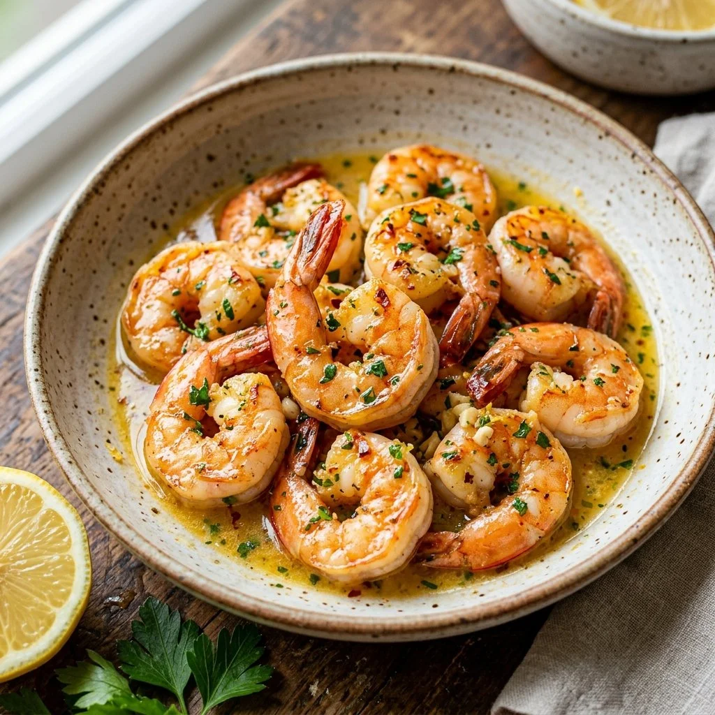 Lemon garlic butter shrimp dish garnished with parsley on a white plate