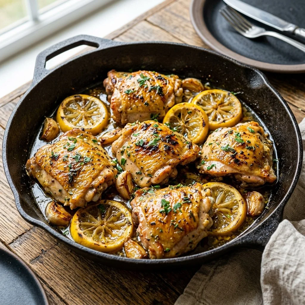 Lemon Garlic Chicken Skillet served with fresh herbs and a side of vegetables.