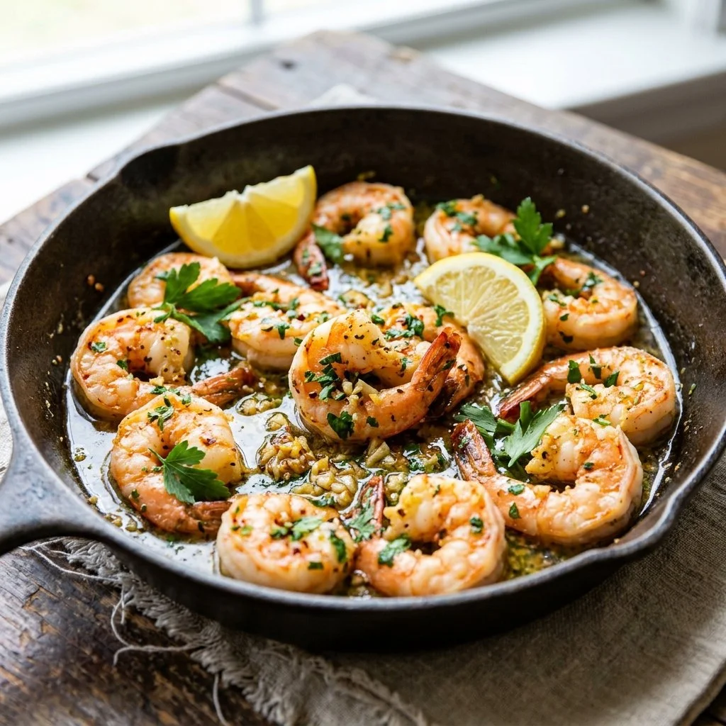 Plate of delicious Lemon Garlic Shrimp garnished with parsley
