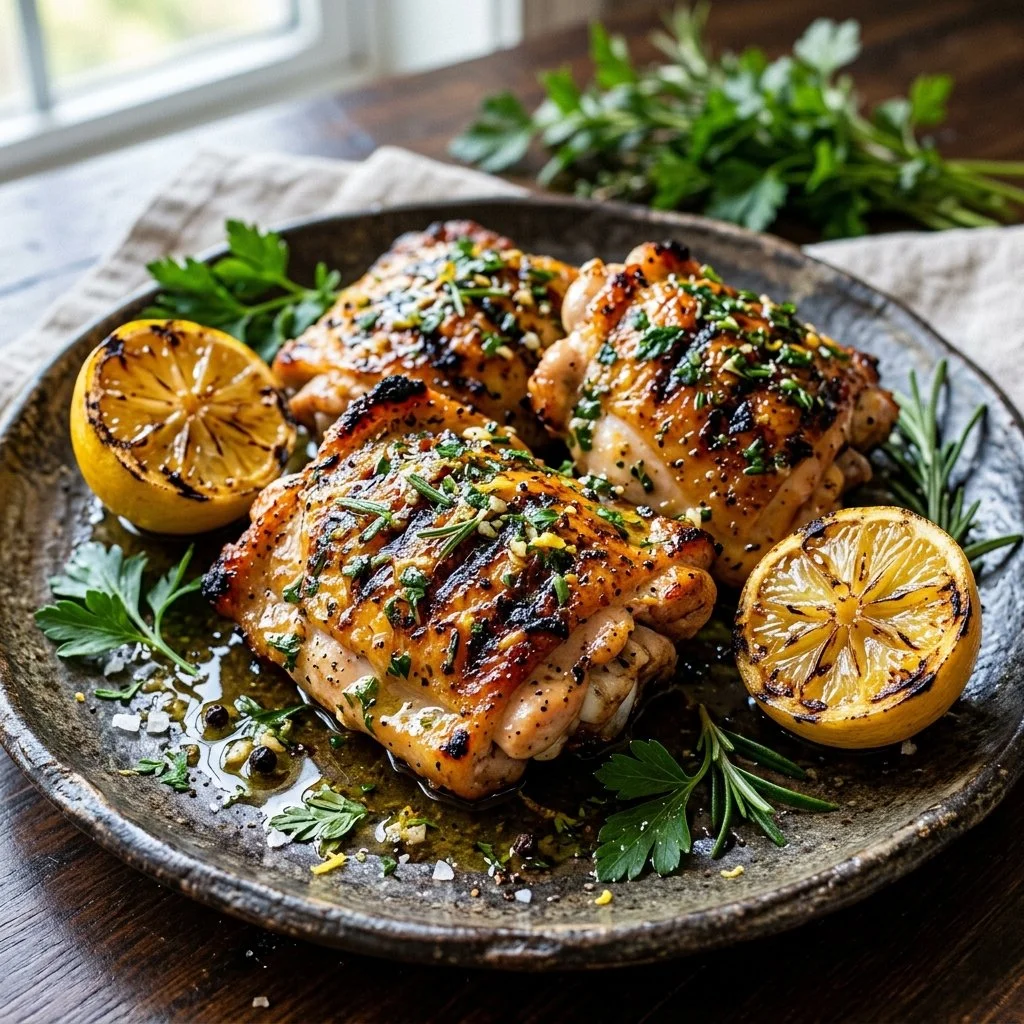 Lemon Herb Grilled Chicken garnished with fresh herbs on a grill plate.