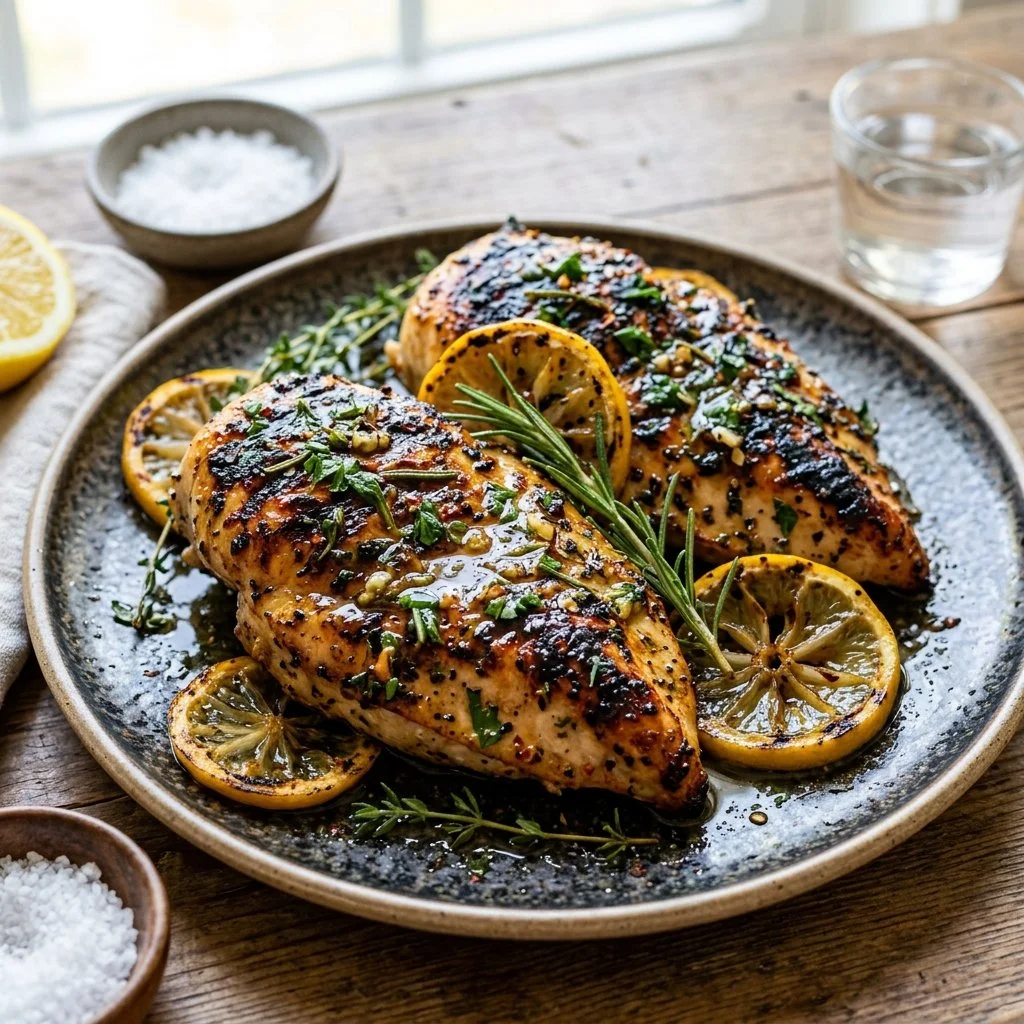 Delicious lemon herb grilled chicken garnished with fresh herbs.