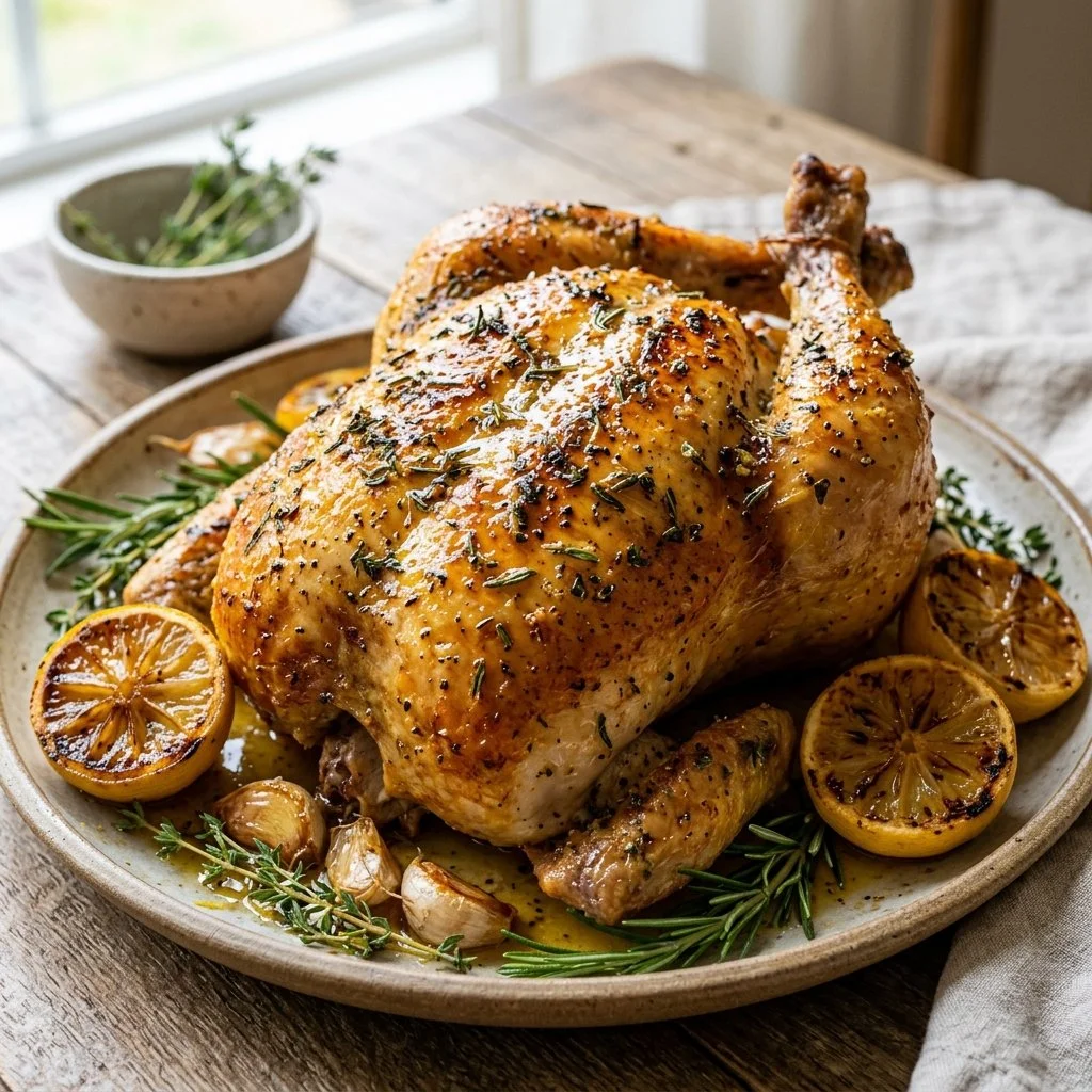 Lemon Herb Roasted Chicken garnished with fresh herbs and lemon slices