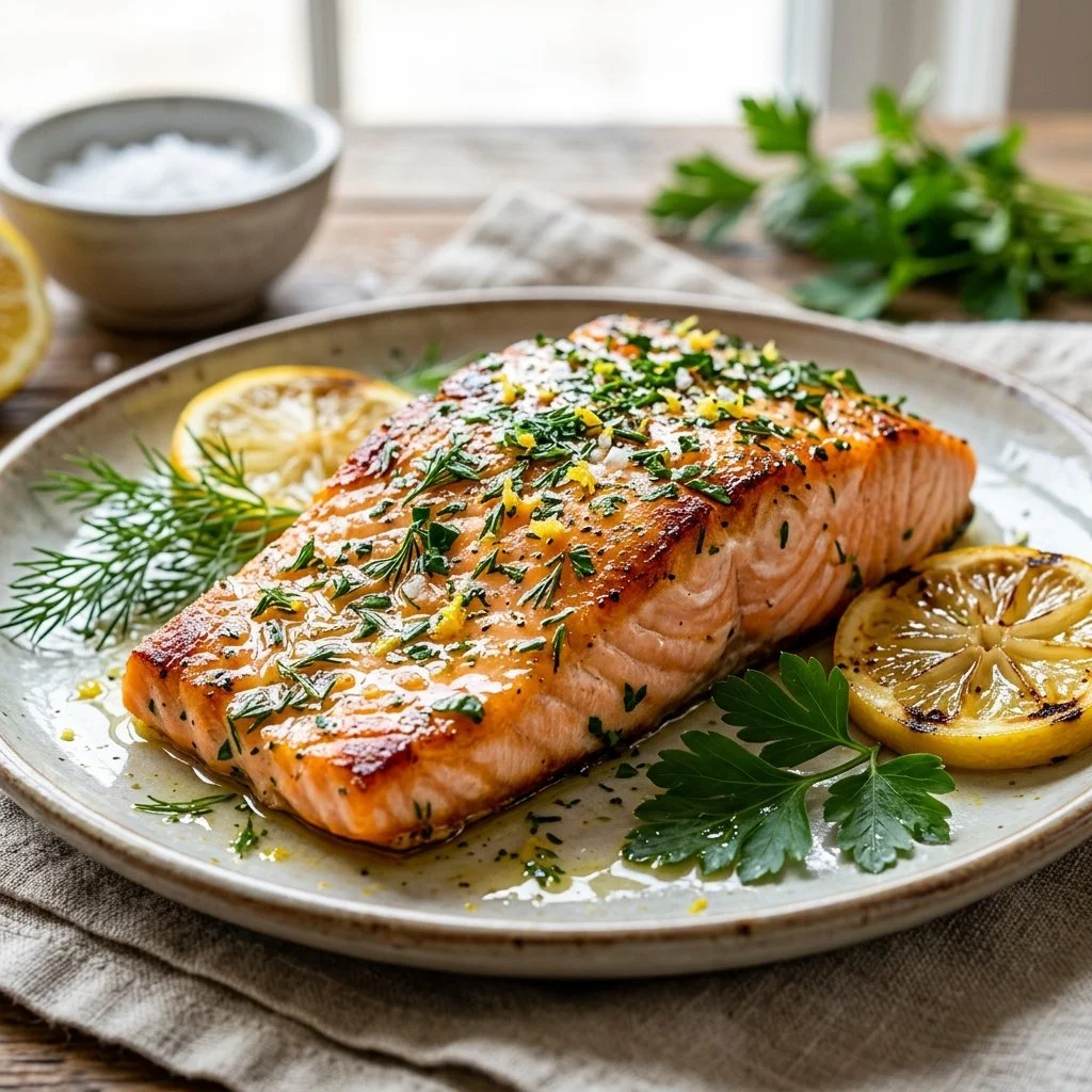 Delicious Lemon Herb Salmon garnished with fresh herbs and lemon slices.