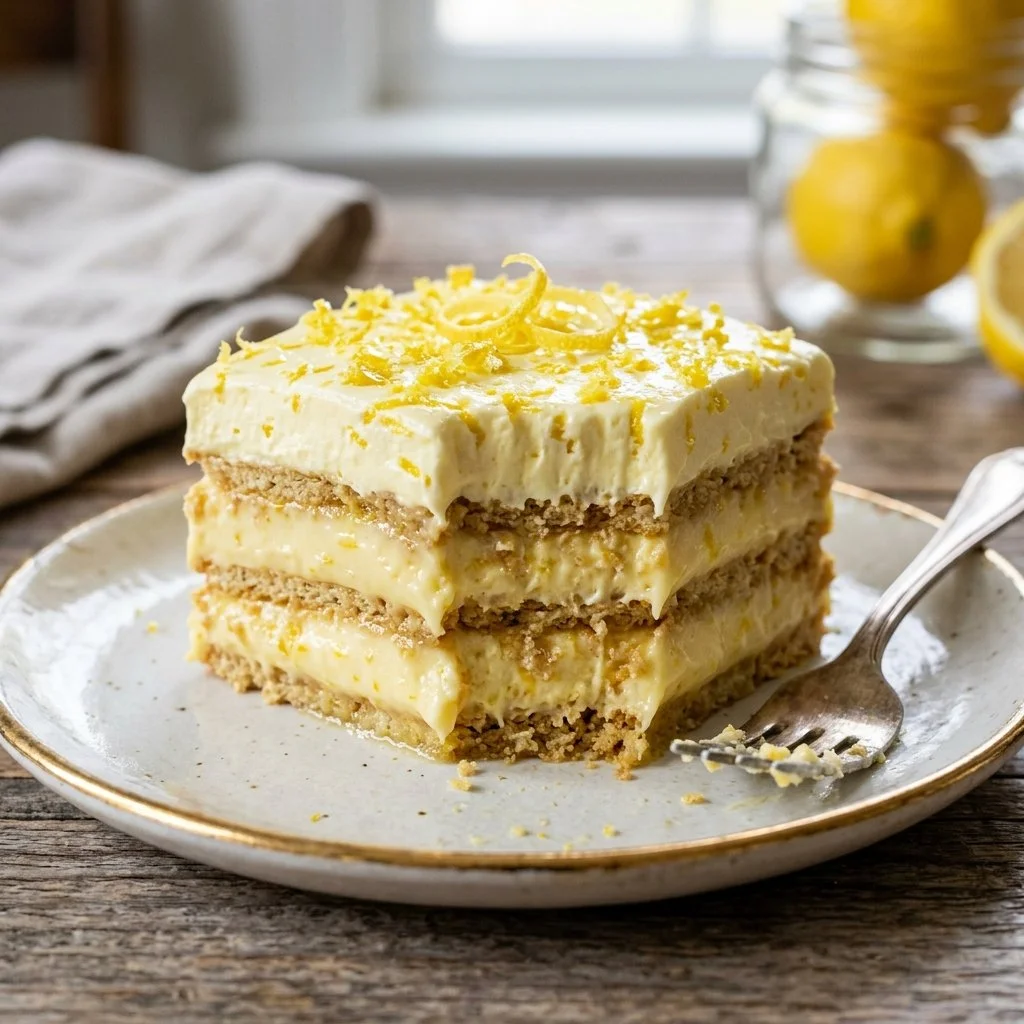 Slice of delicious Lemon Icebox Cake on a plate
