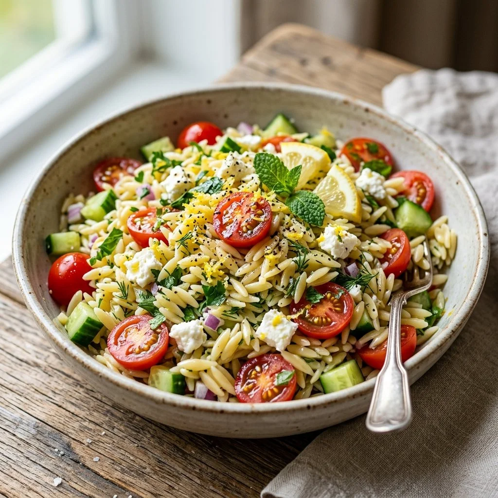 Fresh Lemon Orzo Salad with vegetables and herbs in a bowl
