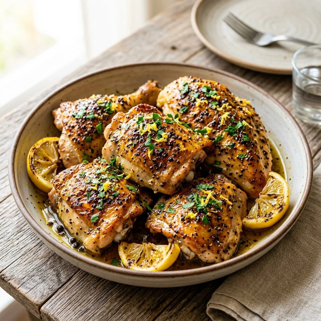 Delicious Lemon Pepper Chicken served with fresh herbs and lemon wedges