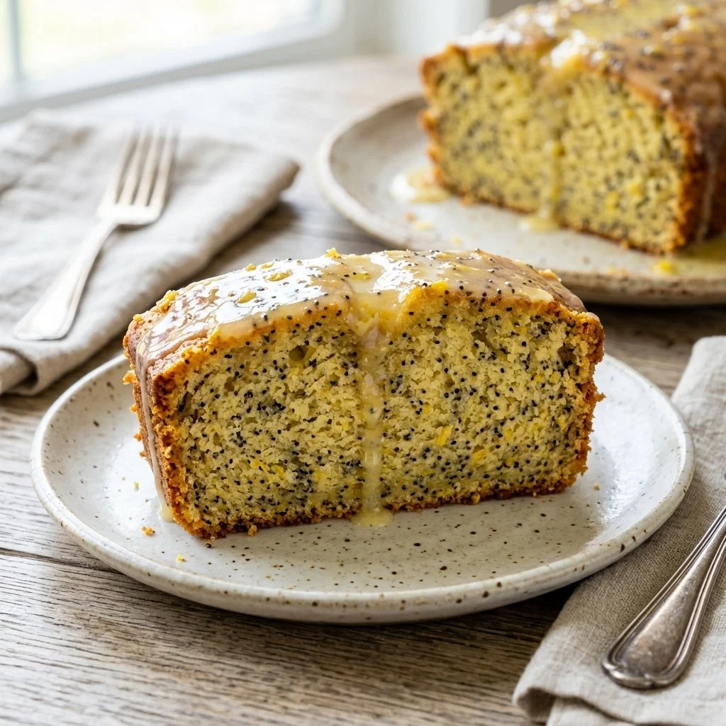 Slice of homemade lemon poppy seed bread on a white plate