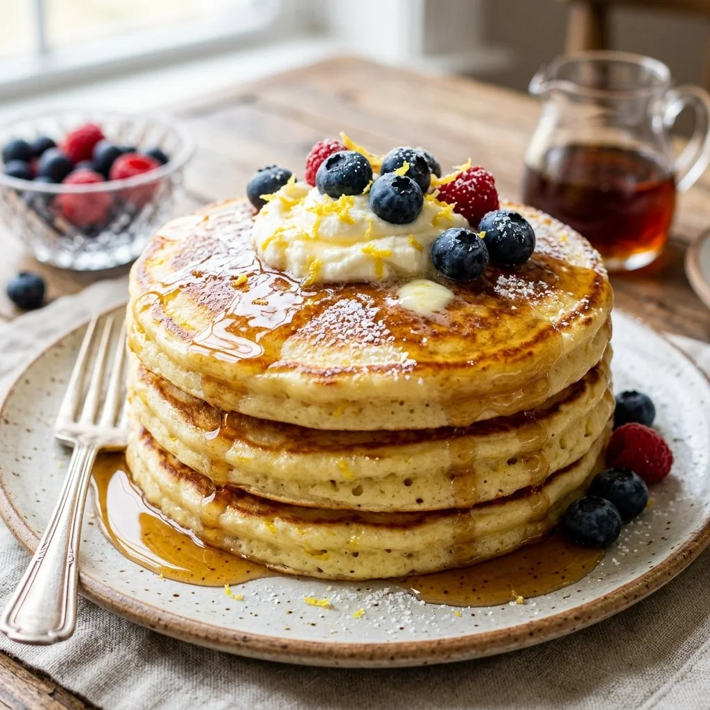 Fluffy Lemon Ricotta Pancakes drizzled with syrup and garnished with lemon zest