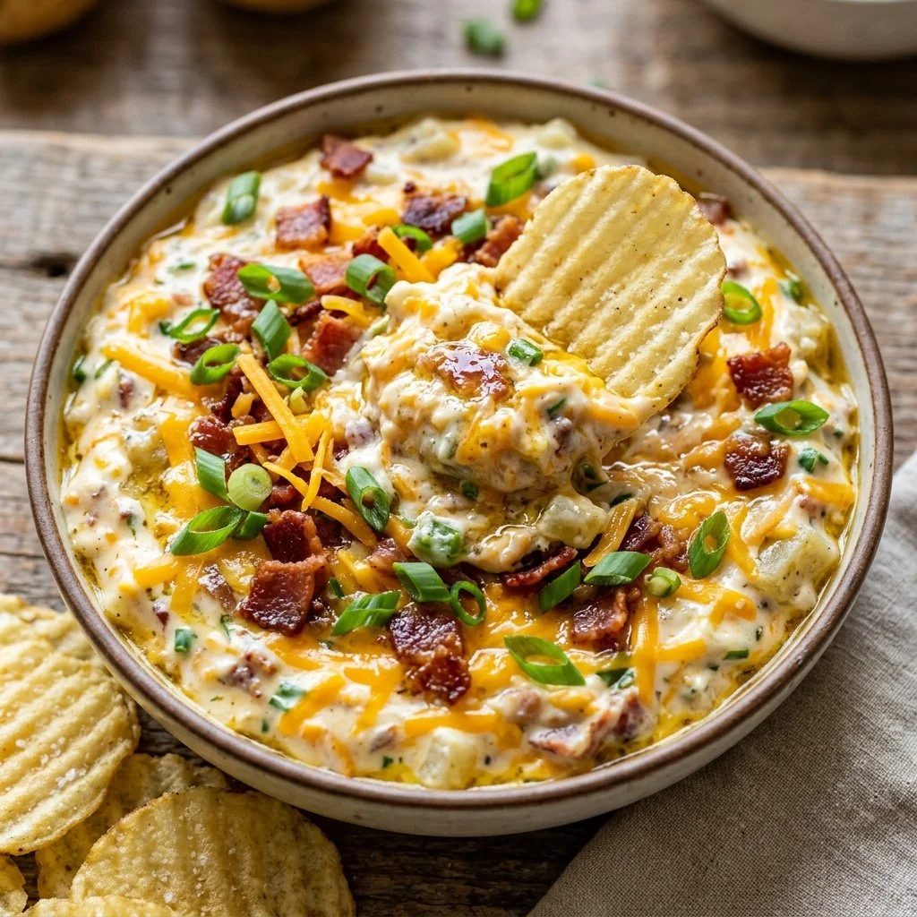 Creamy Loaded Baked Potato Dip with toppings ready for serving