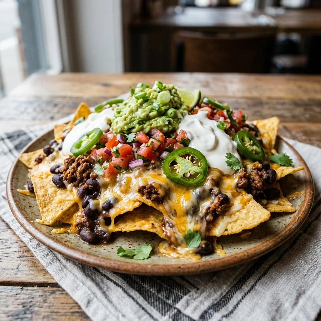 Bowl of loaded nachos topped with cheese, jalapeños, and sour cream