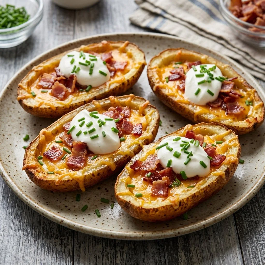 Loaded potato skins topped with cheese, bacon, and sour cream on a plate.