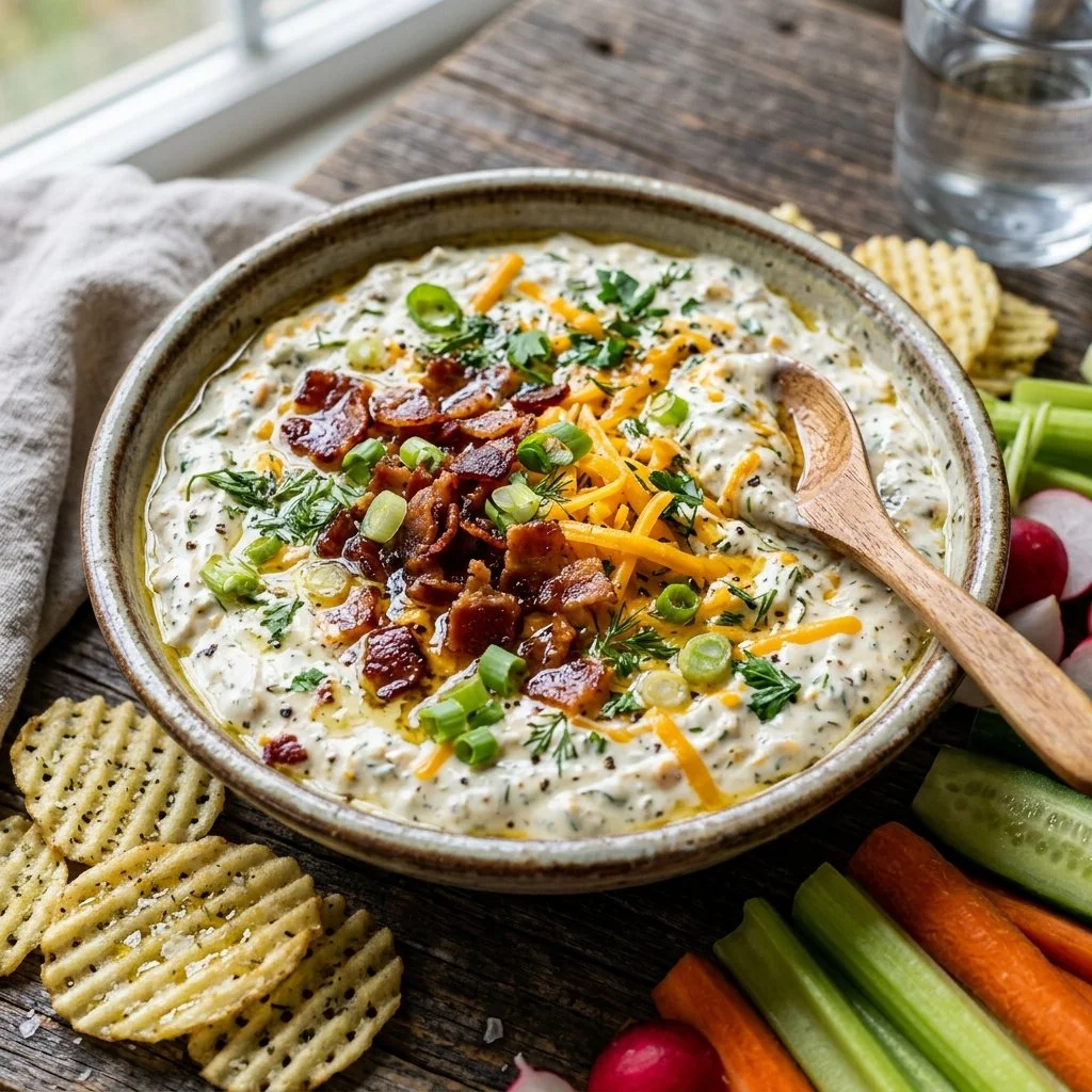 Delicious Loaded Ranch Dip served in a bowl with fresh veggies and crackers