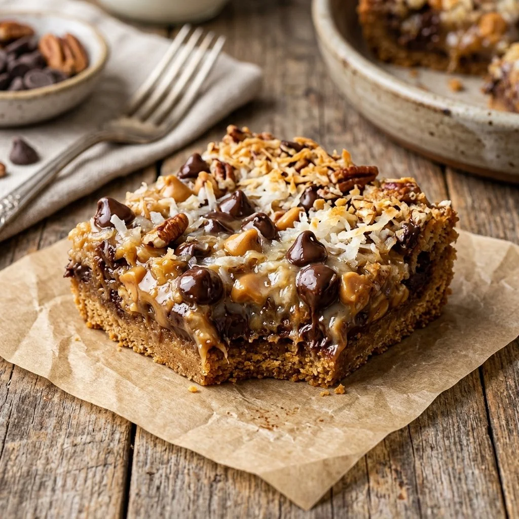 Delicious Magic Cookie Bars stacked on a plate with chocolate and coconut