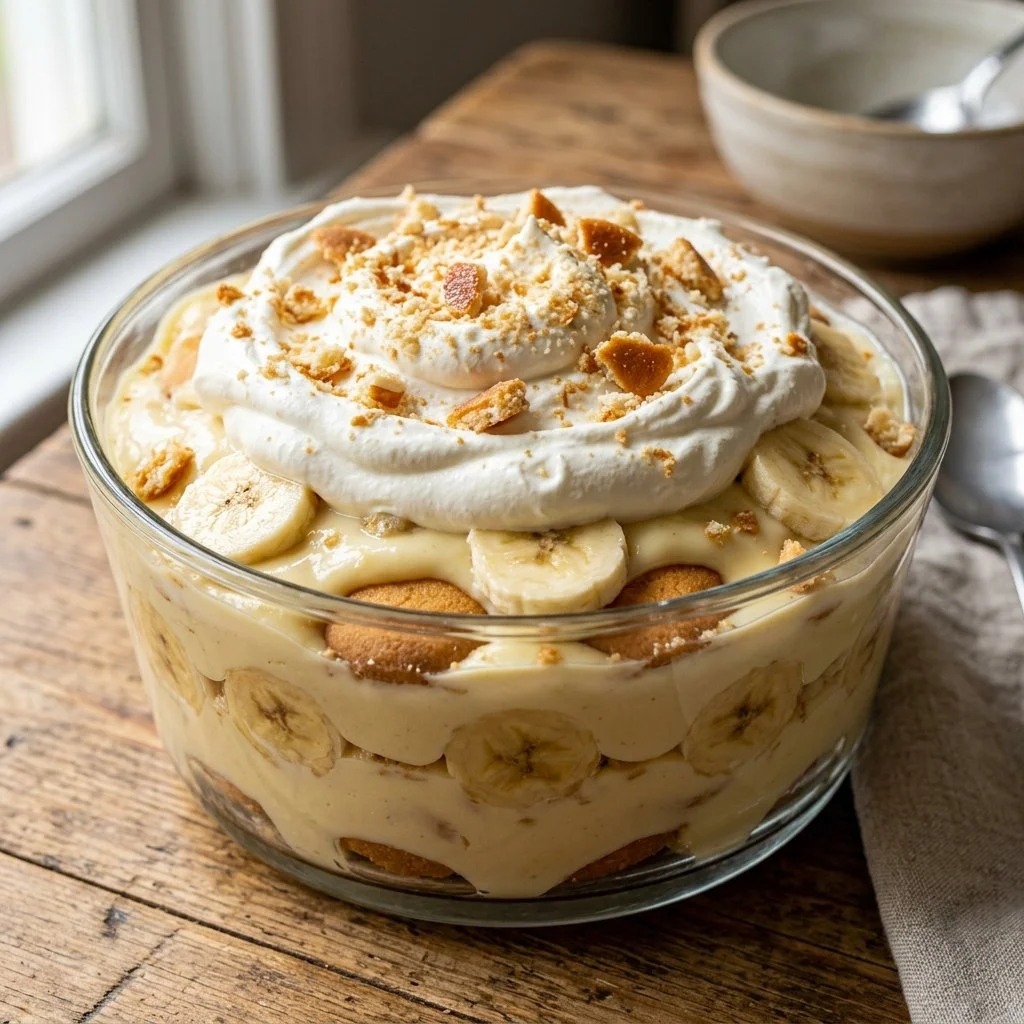 Delicious Magnolia Banana Pudding served in a clear dish with vanilla wafers and bananas.