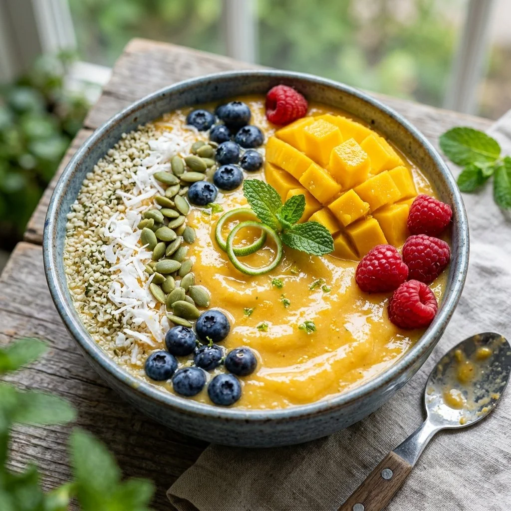 Delicious Mango Lime Smoothie Bowl topped with fresh fruit and nuts