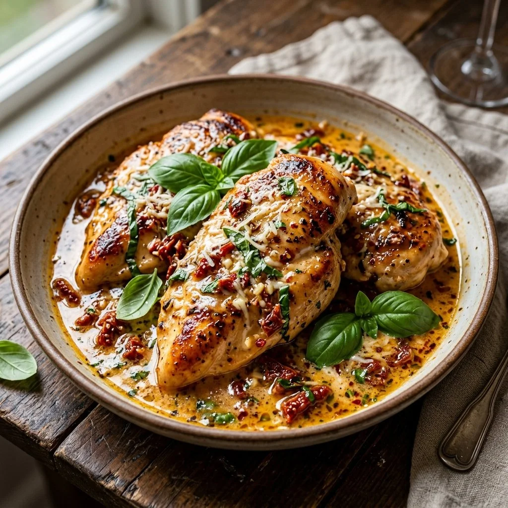 Delicious Marry Me Chicken dish served with herbs and cream sauce