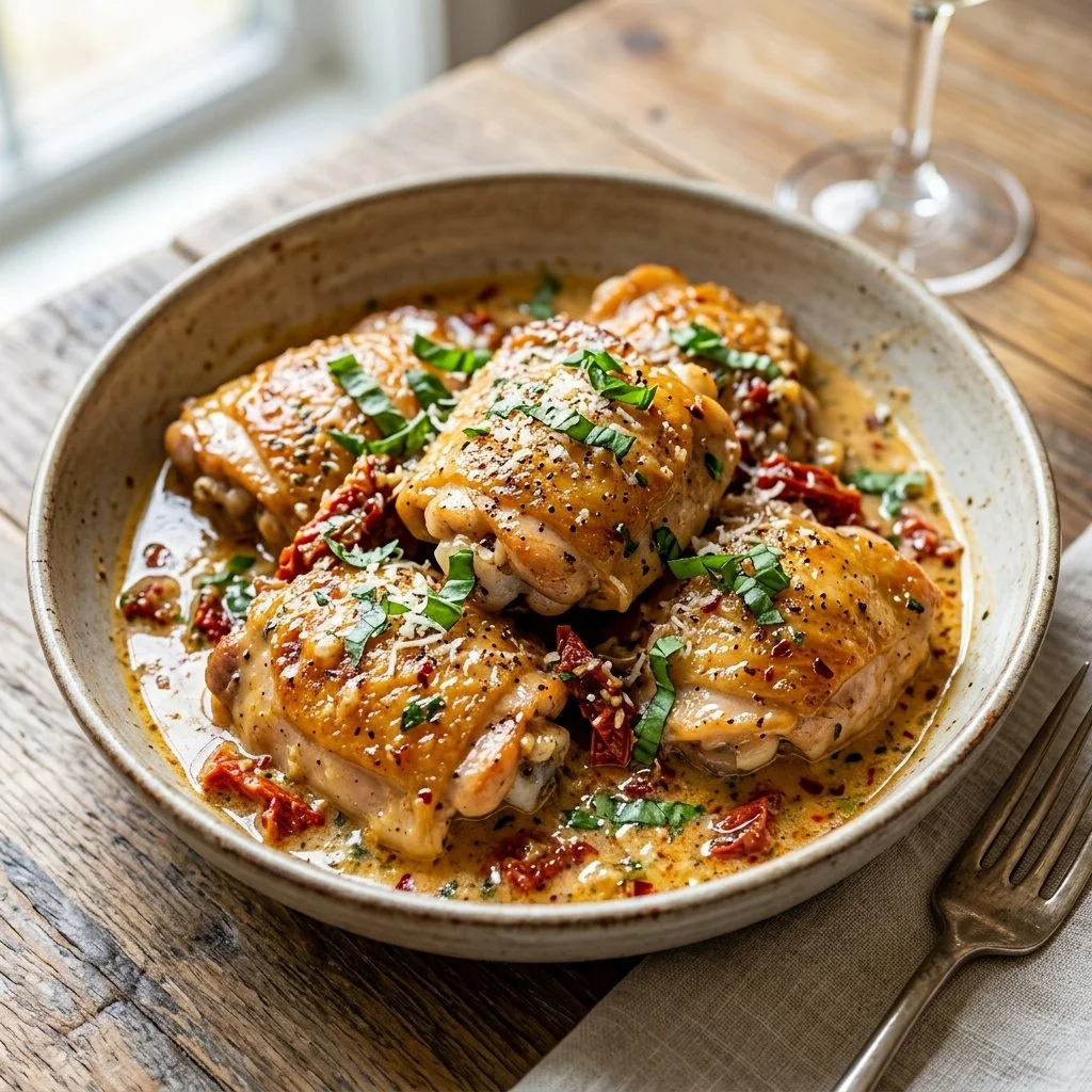 A delicious plate of Marry Me Chicken with cream sauce and fresh herbs.