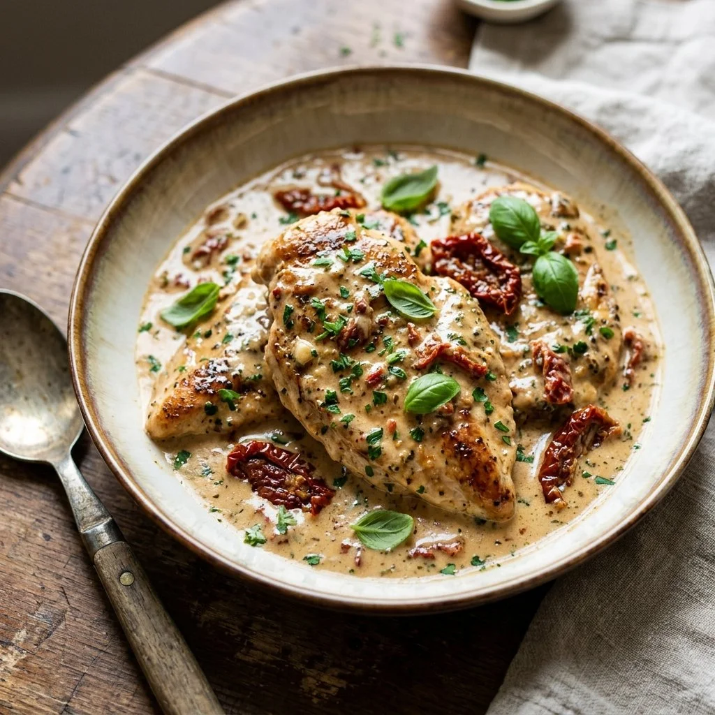 Delicious Marry Me Chicken dish served in a creamy sauce with herbs and spices.