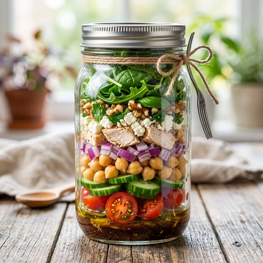 Colorful and layered Mason Jar Salads ready to eat for a healthy meal.