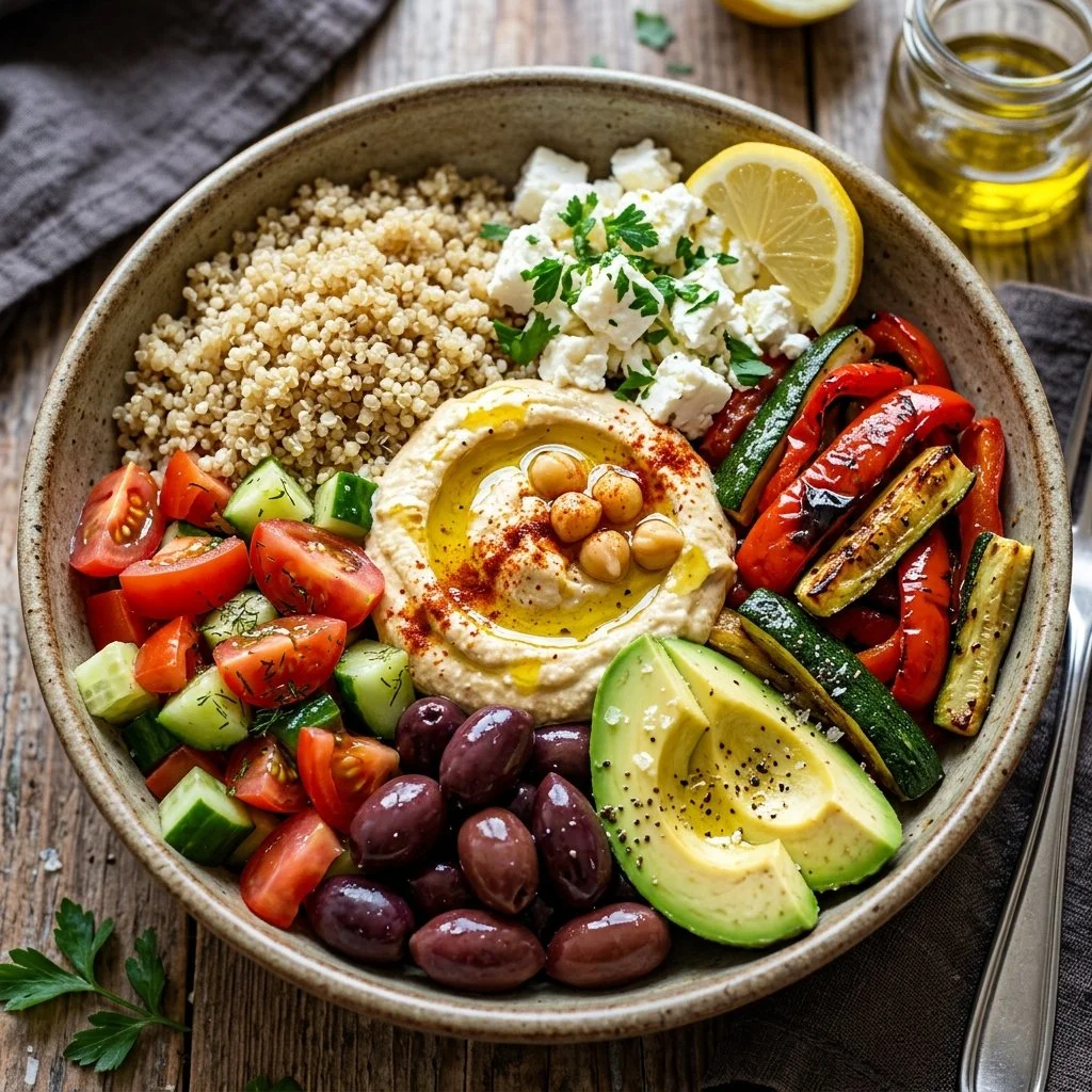 Mediterranean Buddha Bowl filled with colorful vegetables and grains