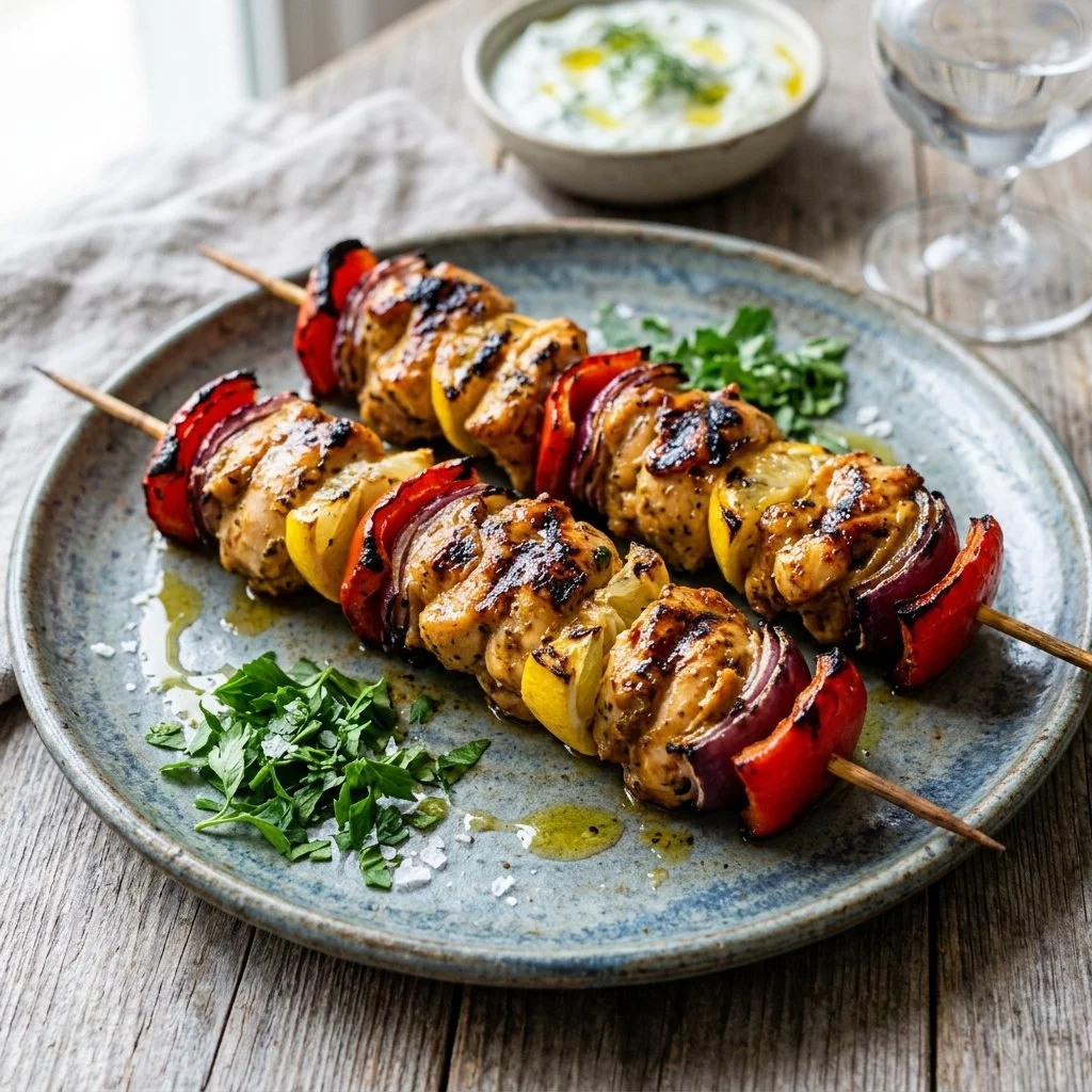 Mediterranean chicken skewers grilled with herbs and vegetables