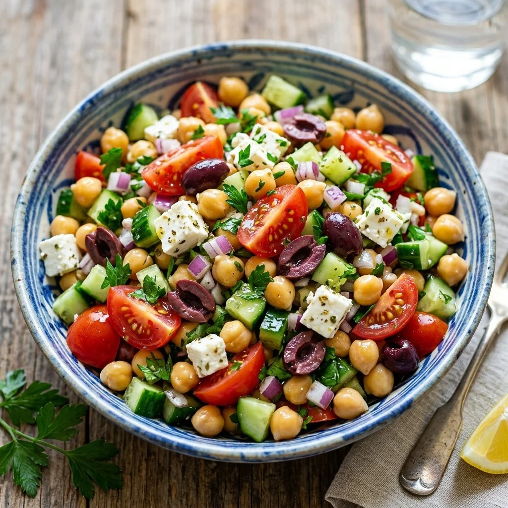 Colorful Mediterranean Chickpea Salad with fresh vegetables and herbs