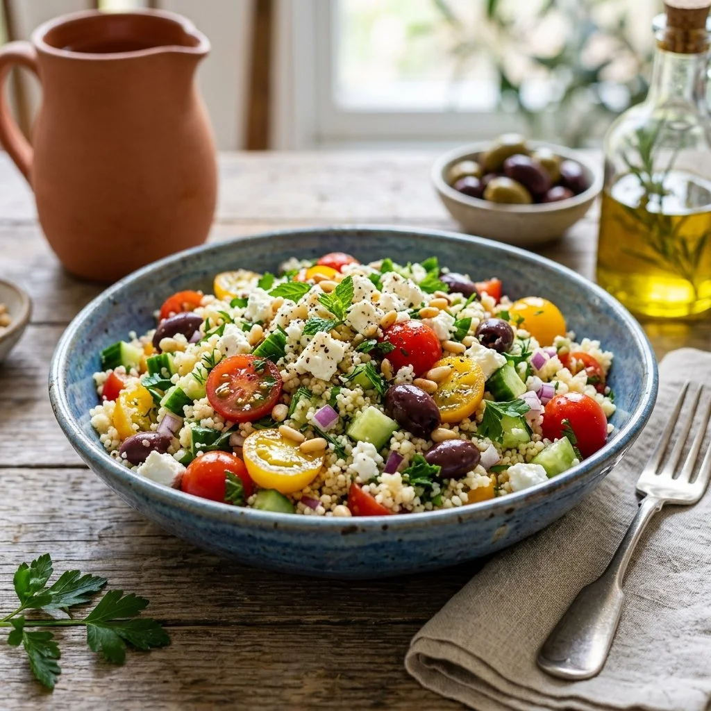 Colorful Mediterranean Couscous Salad with fresh vegetables and herbs