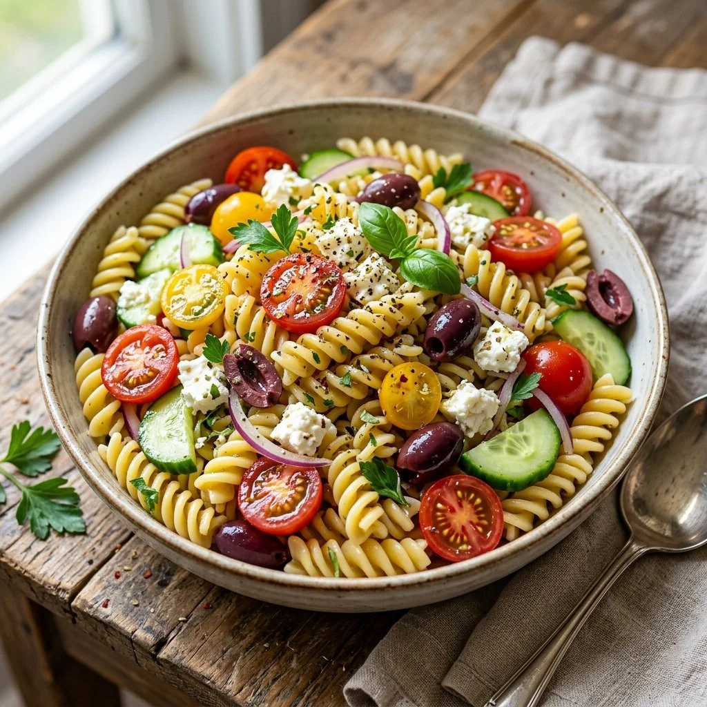 Fresh Mediterranean Pasta Salad with vegetables and herbs