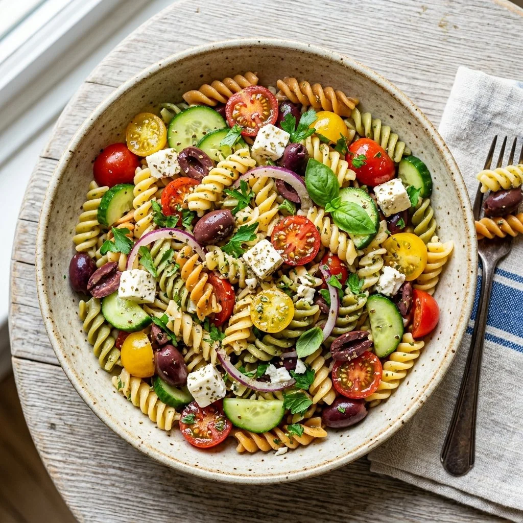 Vibrant Mediterranean Pasta Salad with olives, feta, and fresh vegetables