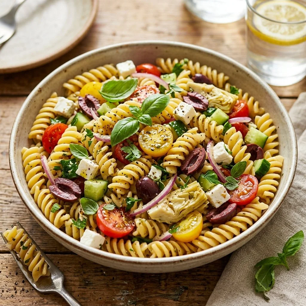 Colorful Mediterranean Pasta Salad with fresh vegetables, olives, and feta cheese